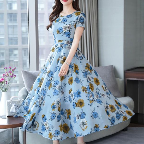 

casual dresses bohemian floral print maxi dress women autumn short sleeve elegant princess party long ladies high waist vestidos 2021, Black;gray