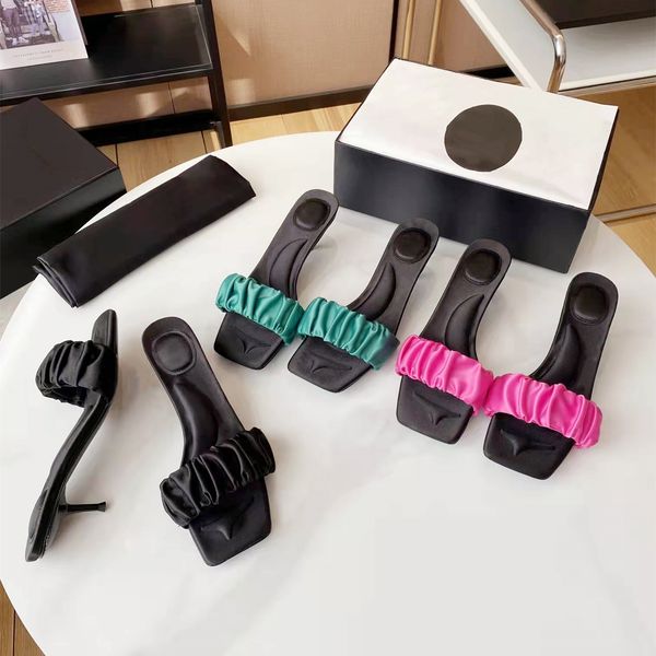 

2022 luxury designer high heels sandals elastic silk square toes slip on women slides slippers fashion party wedding, Black