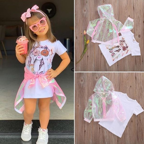 

summer lovely inafnt baby girls dress coat 2pcs cartoon print short sleeve casual sun protect jacket 1 6 years, White