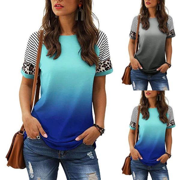 

fashion gradient leopard blouse loose printed o-neck casual summer ladies female women short sleeve blusas pullover women's blouses, White
