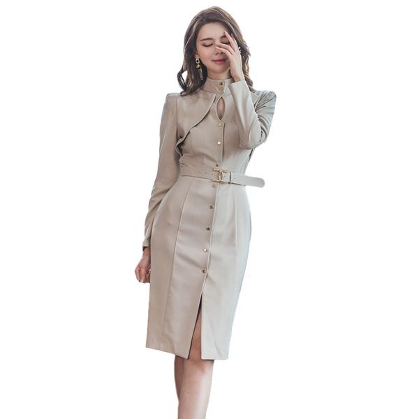 

factoryt3x2 autumn new style standing collar hollow out 2020 single breasted fake two slim mid length dress with buttocks, White;black