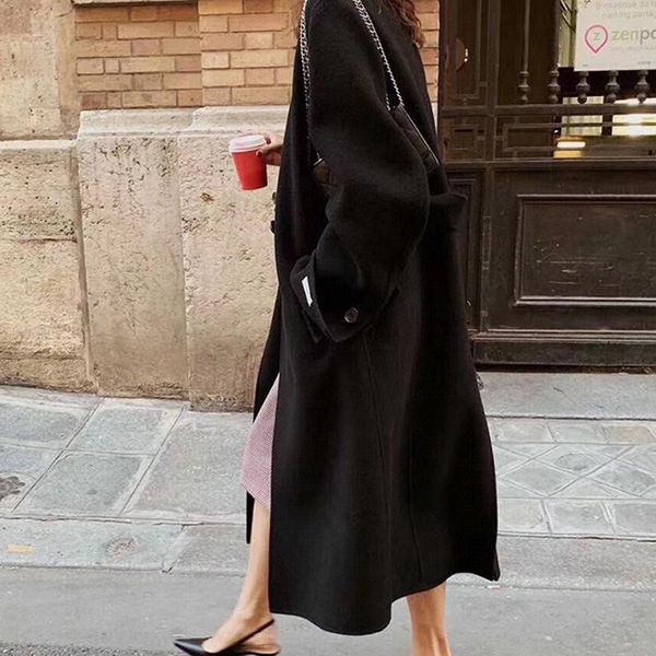 

autumn winter 100% wool long korean style coat with belt women's coats elegant outwear female manteau femme hiver wpy1319 & blends, Black
