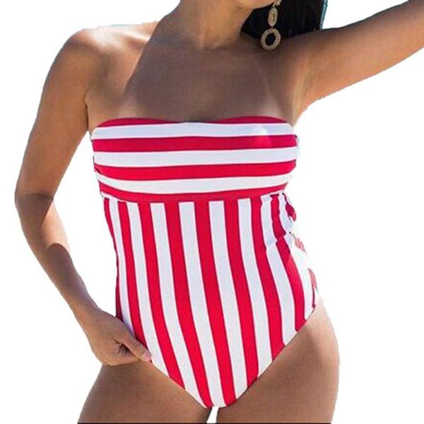 

one-piece suits mother daughter matching summer bikini color block red vertical stripes printed monokini off shoulder backless lace up