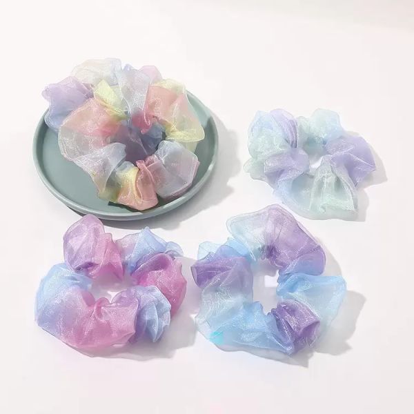 

color gradient scrunchies shiny hairband hair tie accessories ponytail holder head band, Slivery;white