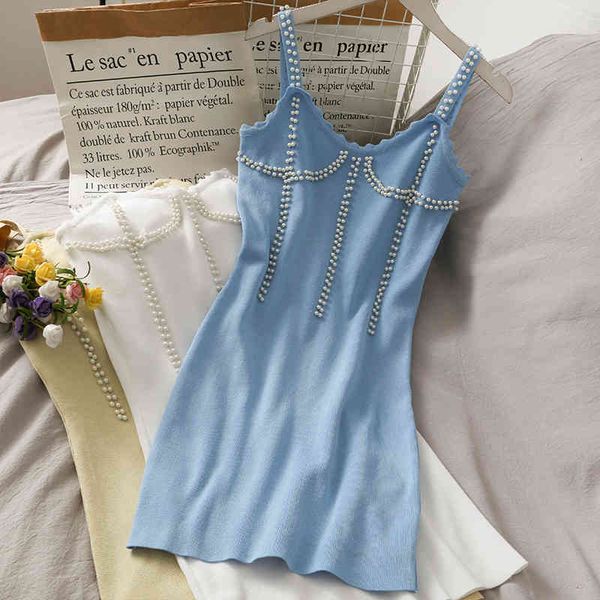 

summer beaded mini dress for womens slim bag hip knitted suspender dress female wave side halter vestidos 210420, Black;gray