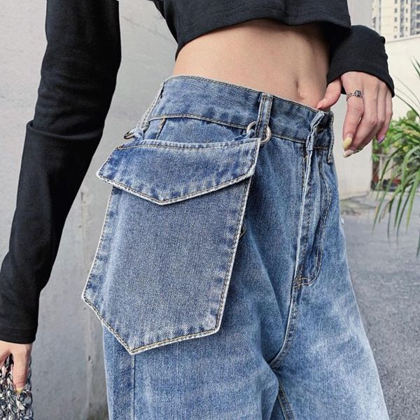 

spring autumn high waist loose jeans women streetwear big pockets fashion straight pants women's clothing, Blue