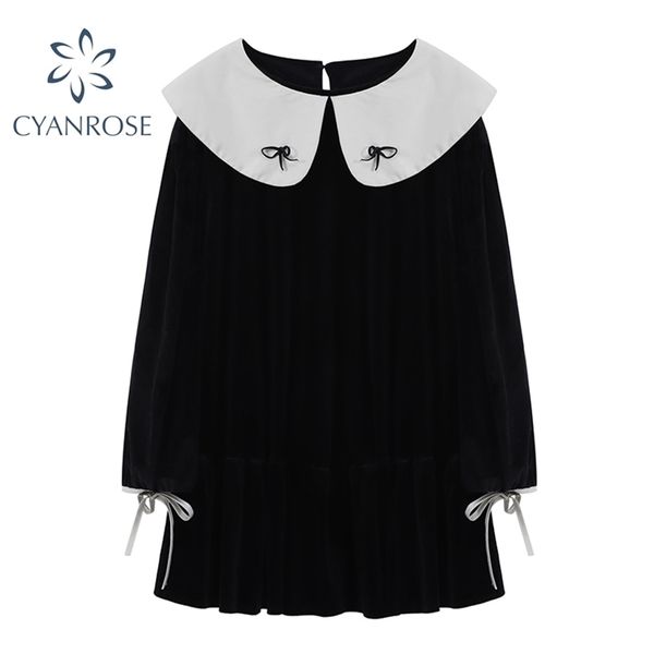 

bow peter pan collar sweet women's mini crop dresses spring long sleeve lace up black midi vestidos female ins oversized 210515, Black;gray