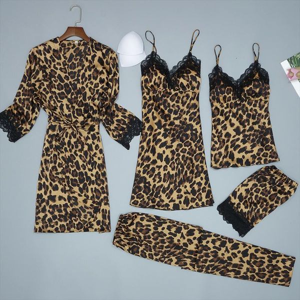 

satin leopard 5pcs pajamas women sleepwear set lace sleep long sleeve casual nightwear female home clothes, Black;red