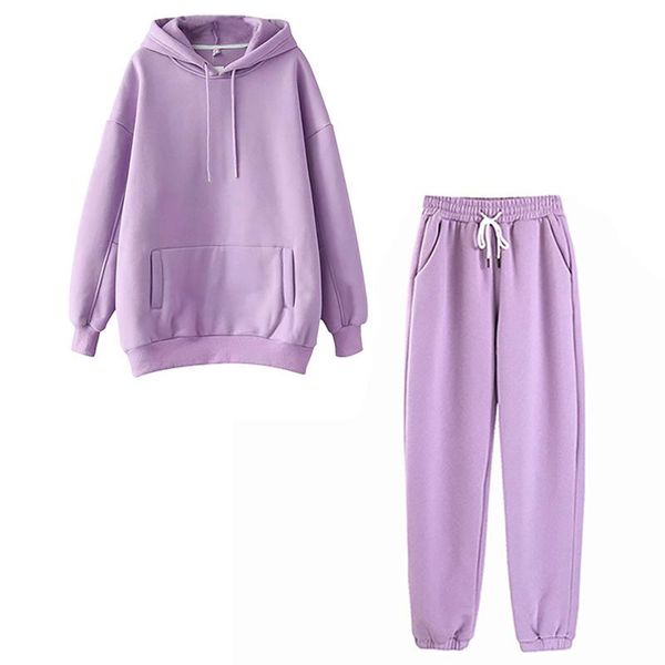 

women's two piece pants fashion women tracksuits set lace-up sport hooded sweatshirt suit loose 2 long female solid hoodie+trousers, White