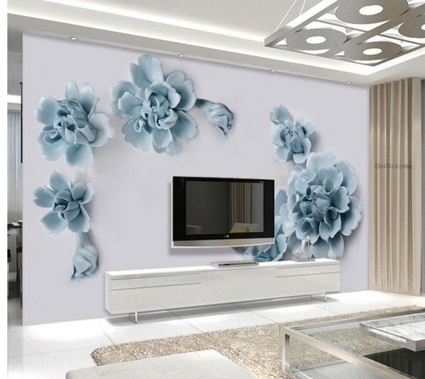 

wallpapers 3d room wallpaper blue flowers relief background wall living modern