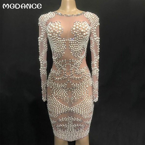 

casual dresses woman sparkly crystals pearls perspective mesh dress evening party wear prom birthday celebrate singer, Black;gray