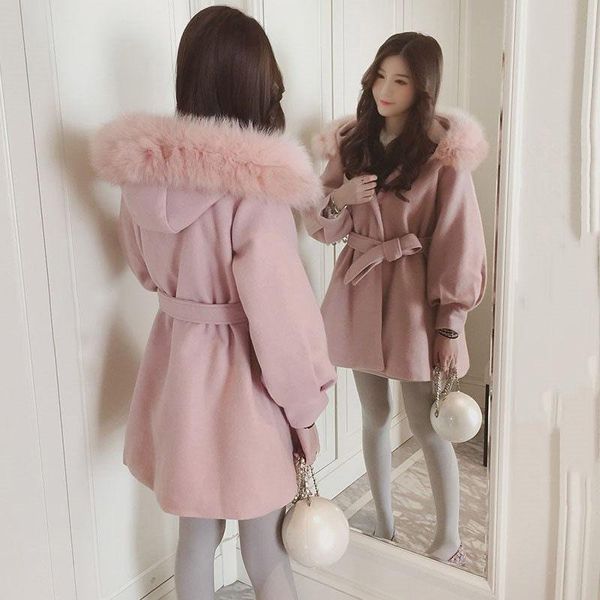 Herbst und Winter rosa Wollmantel weiblich 2021 koreanische lose Kapuze Schärpen volle Hülse Büro Damen Wolljacke F2122 Damenmischungen