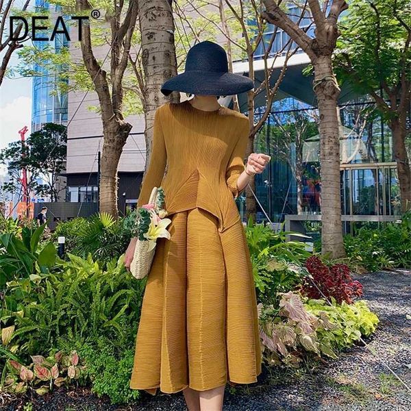 

deat pleated suit woman seven sleeve round collar t shirts + bud elastic elegant skirt vintage style solid autumn ht947 211106, White