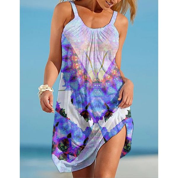 

dark blue long-sleeved round neck strap new style 3d printing loose summer beach seabed animal ocs sling sleeveless casual dress, Black;gray