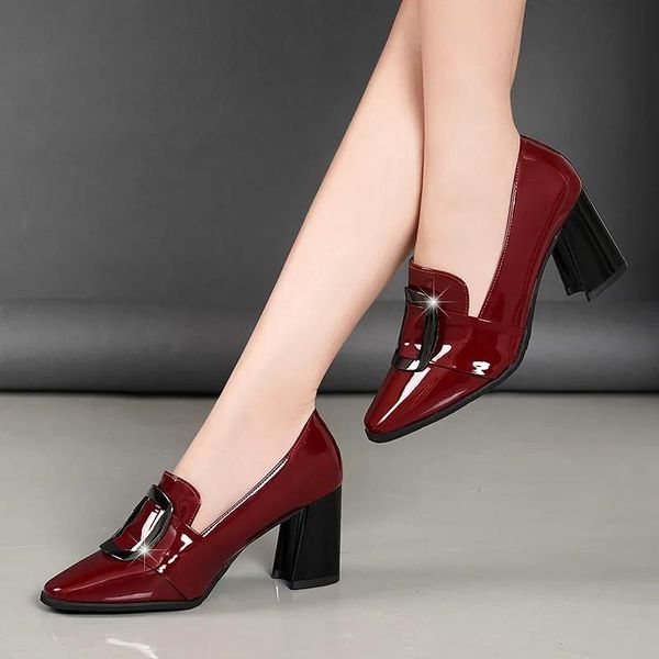

dress shoes women classic black pointed toe pu leather square heel pumps lady casual comfort autumn red femmes hauts talons h7055