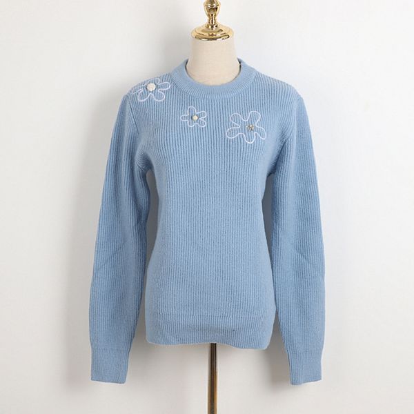 

women's long sved blue flower bead sweater, round neck, 2021, White;black