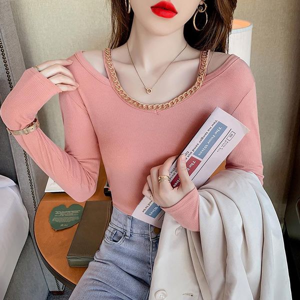 

women's t-shirt 2021 spring off shoulder slash neck t shirt women chain korean woman clothes tshirt long sleeve autumn, White