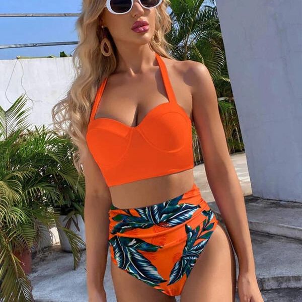 

women's swimwear floral bikini set women backless high-waisted two pieces 2021 beach bathing suits swimsuits, White;black