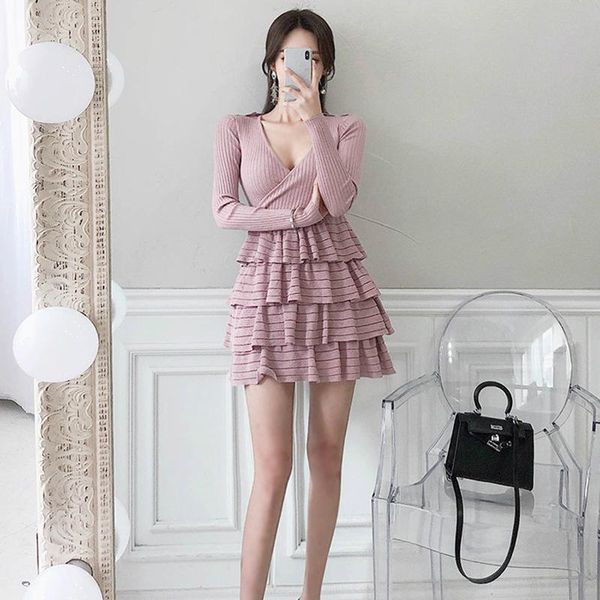 

casual dresses good elastic light silk fall party dress ladies deep v-neck long sleeve pink pleated women solid mini club wear, Black;gray