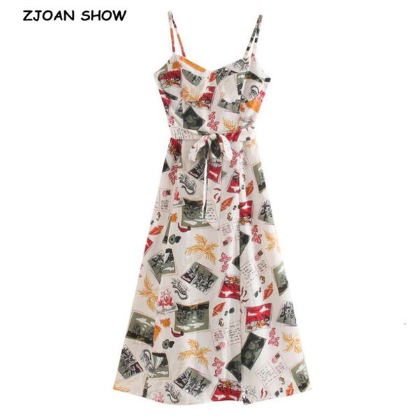

casual dresses vintage france summer bow tie sashes floral print spaghetti strap midi backless dress women hem slit sling r6l, Black;gray