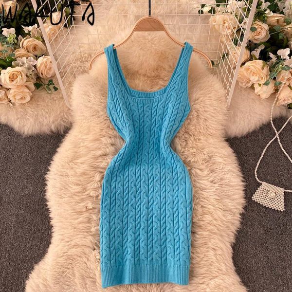 

casual dresses wakuta knitting summer vintage pattern strap bodycon dress female 2021 slim waist woman short solid office lady, Black;gray
