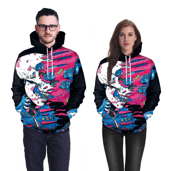 

halloween fried street skull pattern hooded long-sleeved women's long sweater loose, comfortable and soft, Black