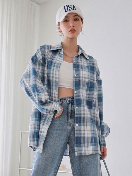 

dazy plaid button front drop shoulder blouse w696#, White