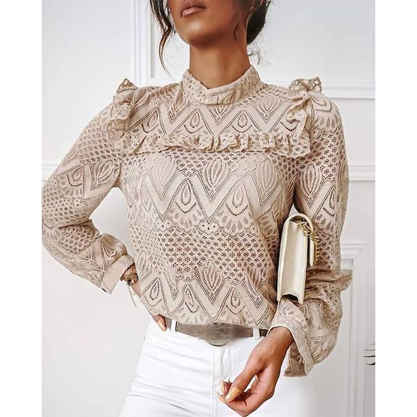

women's blouses & shirts autumn elegant lace embroidery ruffle ladies blouse long sleeve o neck women slim pullover streetwear plus si, White
