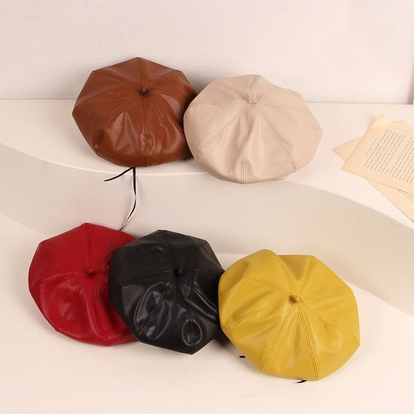 

caps & hats bear leader toddler girls baby princess berets 2021 fashion girl kids octagonal solid color leather children's, Yellow