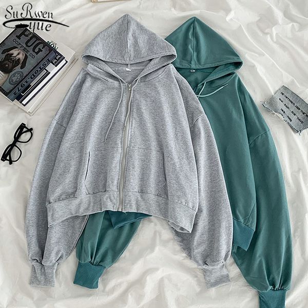 

autumn loose drawstring sweatshirt for women korean streetwear cotton long sleeve hoodies women hoodie with zipper jacket 11758 210417, Black