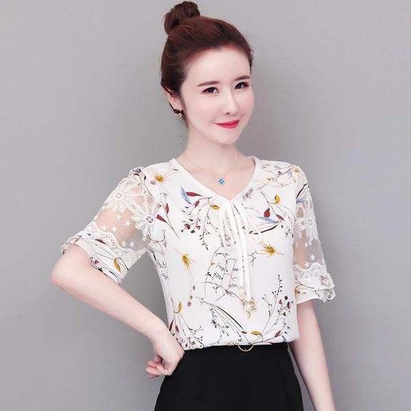 

women summer korean style chiffon blouses casual short sleeve shirts lady o neck ruffles blusas print ns4503 women's &, White