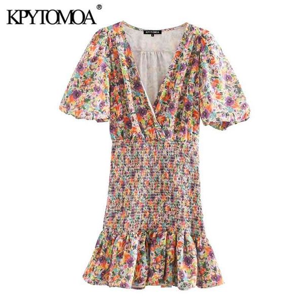 

women chic fashion floral printed ruffled mini dress vintage puff sleeve elastic smocked female dresses vestidos 210420, Black;gray