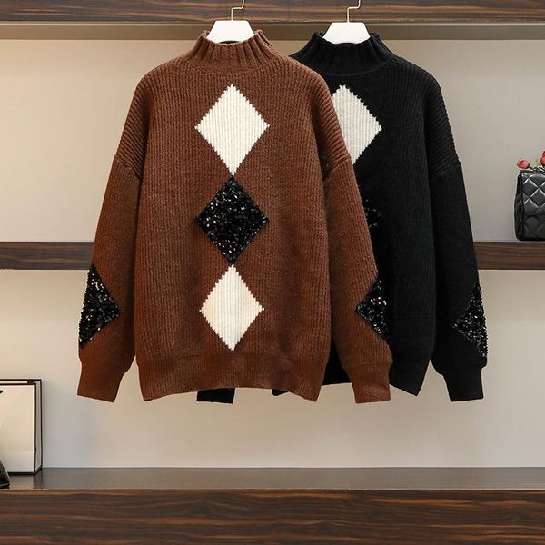 

women's sweaters black plaid sequins plus large size oversize korean style fashion pullovers for autumn clothing ladies sweater 2021, White;black