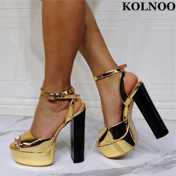 

dress shoes kolnoo style handamde ladies chunky heeled sandals gold faux leather peep-toe party prom evening fashion daily, Black