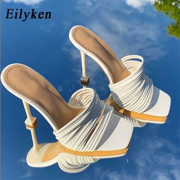 

eilyken square toe womens slipper summer mules sandals multi knot high heel slides ladies rome shoes women slippers 210310, Black