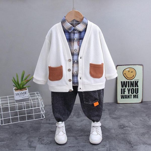 

clothing sets spring autumn children boys girls cotton baby patchwork hoodies shirt jeans 3pcs/sets fashion toddler tracksuits, White