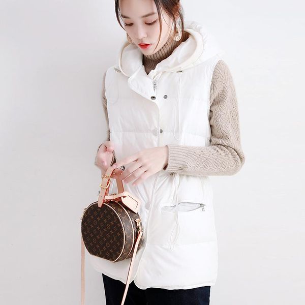 

women's vests hooded vest women 80% white duck down waist pleated designs solid double breasted pocket sleeveless coat 2 colors fashion, Black;white