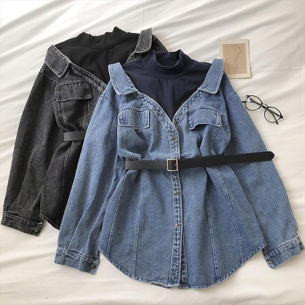 

spring fall chic women blouses stand collar fake two pieces denim shirts office lady korean style vintage patchwork, White