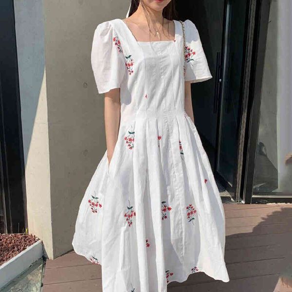 

summer korean chic fashion square collar flower embroidery high waist pleated puff sleeve long dress women 16w1057 210510, Black;gray
