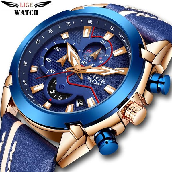 

wristwatches lige fashion blue leather watches mens business quartz watch luxury sport waterproof chronograph relogio masculino+box, Slivery;brown