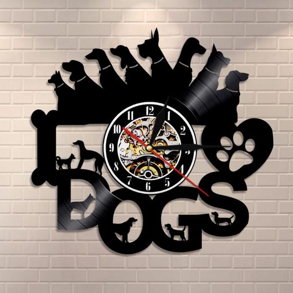 Orologi da parati I Love Dogs Record Art Clock Cuccioli Differenti razze di cani Decor Regalo d'annata per gli amanti