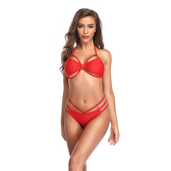 

new triangle solid color multi-rope hollow bikini aliexpress women's swimsuit 142