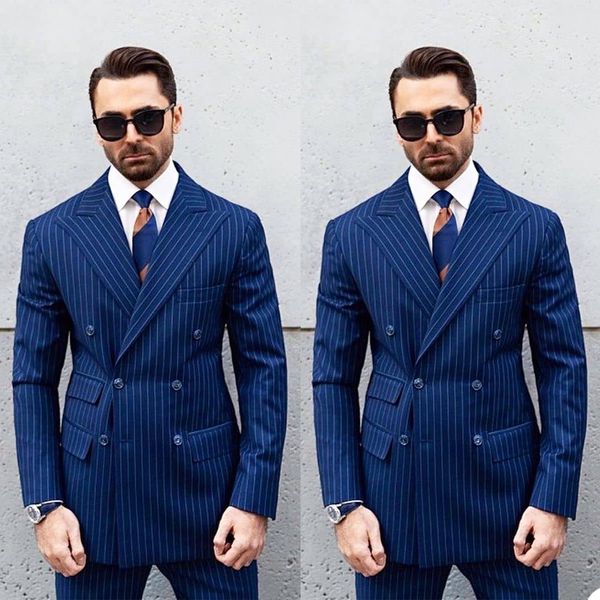 

double breasted blue striped mens customized wedding tuxedos groom wear dinner prom party blazer (jacket+ pants), Black;gray