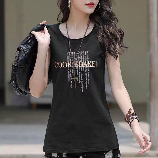 

running jerseys summer sport camisole women's outer wear loose t-shirt korean large size all-match inner sleeveless printed letter cott, Black;blue