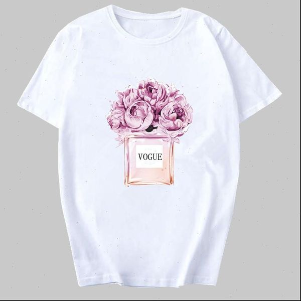 

women t shirt clothes print flower perfume bottle sweet short sleeve harajuku female vogue casual woman tee, White