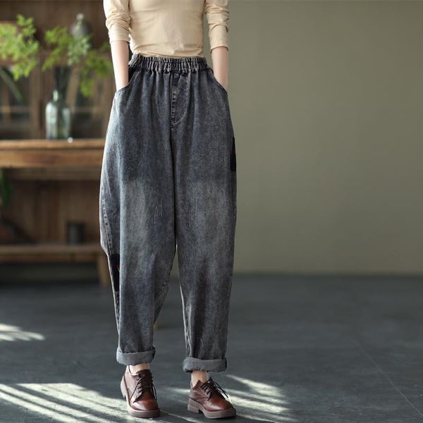 

women's pants & capris johnature women embroidery vintage denim harem elastic waist spring patchwork pockets trouser 2021 loose casual, Black;white