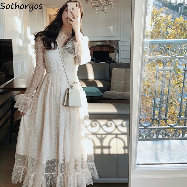 

casual dresses long sleeve dress women mesh lace puff fake two piece ankle-length for womens student korean style elastic waist fashion 17cj, Black;gray