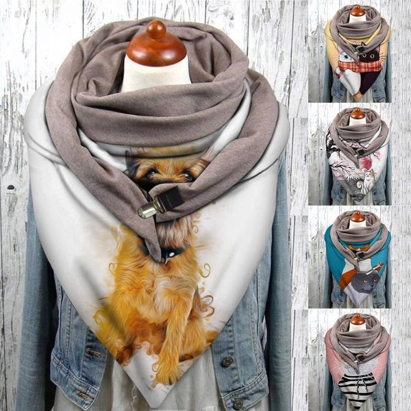 

scarves cat prints buckle scarf winter for women fashion soild printing button soft wrap casual warm shawls, Blue;gray