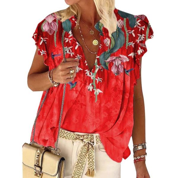 

women's blouses & shirts summer v-neck shirt women short sleeve printed patchwork and plus size loose casual blouse, White