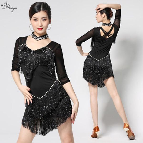 

stage wear dance latin pearl diamond milk silk dress international performance costume mgvu, Black;red